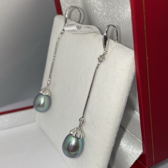 Solid Stamped 14K White Gold Tahitian Pearl Natural Diamond Bezel Drop Earrings - Picture 12 of 13